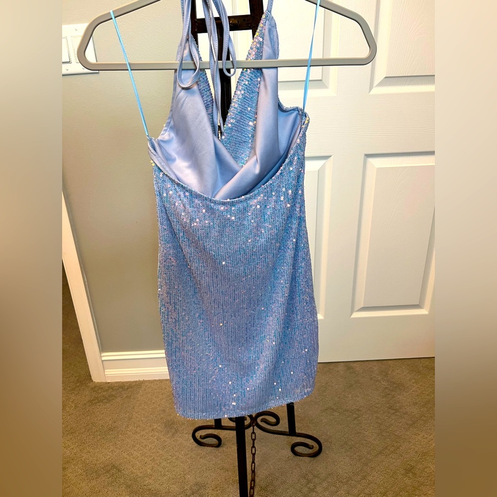 Light blue sequined halter top party dress by Thirty/Thirty LA -Sweet 16, Quince - Picture 4 of 7